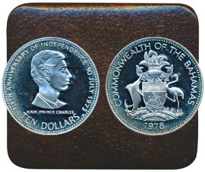 Bahamas, Prince Charles, Silver 10 Dollars, 45.36g, 1978, Fifth Anniversary of independenc