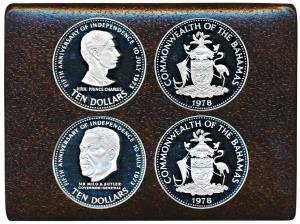 Bahamas, Prince Charles, set of 2 Silver 10 Dollars, 45.36g each, 1978, Fifth Anniversary 
