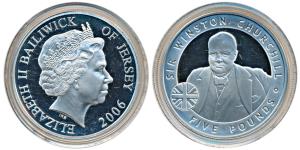 Bailiwick of Jersey, Elizabeth II, Silver 5 Pounds, 28.3g, 2006, Sir Winston Churchill (KM