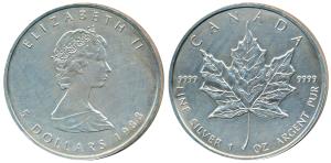 Canada, Elizabeth II, Silver 5 Dollars, 1oz, 31.1g, 1988, rev. Maple leaf. Uncirculated.