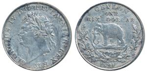 Ceylon, George IV, Silver One Rix Dollar, 1821, an Asian elephant to left within laurel wr