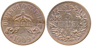 German East Africa, Copper 5 Heller, 1908 J, 19.76g, (KM11). About Extremely Fine, Scarce.