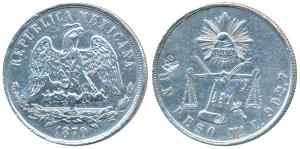 Mexico, Silver Peso, 26.99g, 1870, rev. scales, tiny countermark (KM 408.5), Extremely Fin