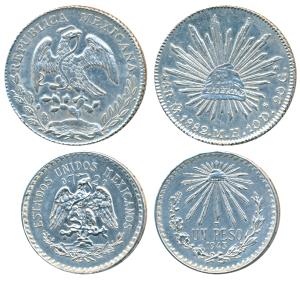 Mexico, Silver 8 Reales, 1882, eagle holding a snake in its beak; Silver Peso, 1943, (KM 3