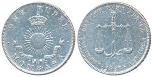 Mombasa, Silver Rupee, 11.5g, 1888 H mint mark (KM 5). Very Fine+, Rare.