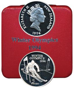 New Zealand, Elizabeth II, Silver (Dollar) $5, 31.47g, 1994, Winter Olympics (KM 96). Proo
