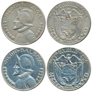 Panama, Half Silver ½ Balboa and Cupro-Nickel ½ Balboas, 1966 and 1979, rev. coat of arms.