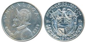 Panama, Silver 1 Balboa, 26.73g, 1974, obv. bust, rev. standing Goddess (KM 27). Proof, Sc