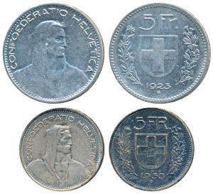 Switzerland, Silver 5 Franks, 1923 and 1953 (KM 37, 40). Very Fine+ and Extremely Fine, Sc