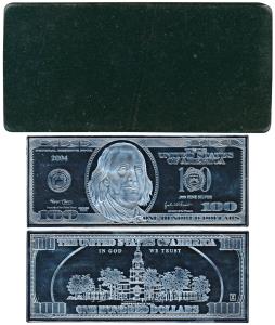United States of America, Silver thin bar, a look alike of a 100 Dollar banknote, 125.4g, 