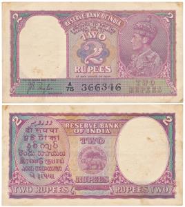 George VI, Rupees 2, 1943, signed J. B. Taylor, Prefix A (J&R 4.2.1). No folds, scattered 