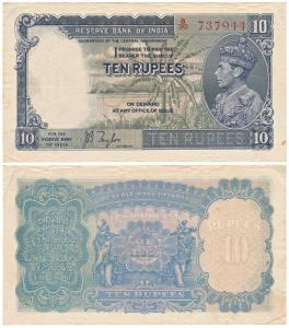 George VI, Rupees 10, 1st issue, 1938, signed J. B. Taylor, Prefix B (J&R 4.5.1). Very Fin