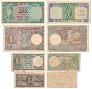 Ceylon, 25 Cents, Rupee 1, 5 and 10, 1942, 1949, 1948 and 1951 respectively. The first two