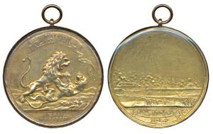 East India Company Medal For Seringapatam, Gold Gilt, 1799, obv. the British Lion defeatin