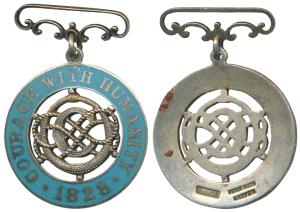 Courage with Humanity, 1828, Silver and Light blue Enamel Masonic Medal, with an ornate su