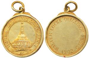 Burma Athletic Association, Gold Medal, 8.84g, obv. the Sule Pagoda in center, Unity is st