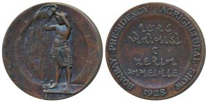 Bombay Presidency Agricultural Show, Copper Medal, obv. a farmer sifting wheat, rev. Bomba