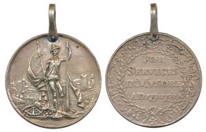 Mysore Medal, Silver, a Sepoy of the EIC Army, holding British and Company flags over a tr