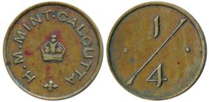 Canteen Token, Brass ¼ Anna, 2.67g, obv. H.M. Mint Calcutta, with a crown in center, rev. 
