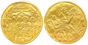 Ram Tanka, Gold Temple Token, 9.67g, obv. Ram Durbar - Ram and Sita seated under a chatra 