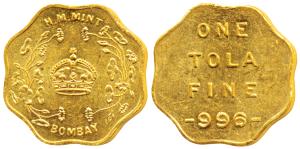 Bombay Mint, Token, Gold Tola, 11.65g, H M Mint, crown within wreath and Bombay below on o