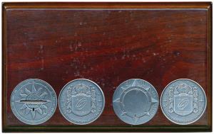 Time is Money Medallion set of 3, Silver Sundial and Compass and an Iron spoon; Silver Med