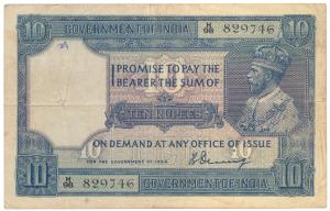 George V, Rupees 10, 2nd issue, 1925, signed H. Denning (J&R 7.1). Very Fine.