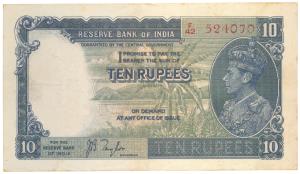 George VI, Rupees 10, 1st issue, 1938, signed J. B. Taylor (J&R 4.5.1). Very Fine+, Scarce