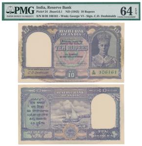 George VI, Rupees 10, 2nd issue, 1944, signed C. D. Deshmukh, in order of serial number wi