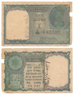 Rupee 1, 1949, signed K.R.K. Menon, (J&R 6.1.1.1). Torn in right margin, Fine.