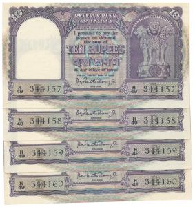 Rupees 10 (4), signed P.C. Bhattacharya, Inset B, all in order of consecutive serial numbe