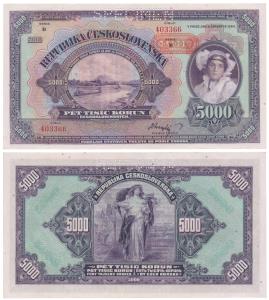 Czechoslovakia, 5000 Korun, 1920, Specimen perforated at top (KM 19). Large note, Uncircul