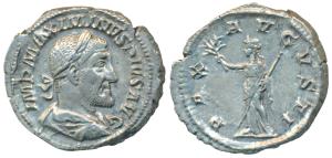 Roman Empire, Maximinus I, Silver Denarius, 3.63g, obv. laureate, draped & cuirassed bust 