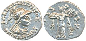 Indo-Greeks, Menander I, Silver Drachm, 2.45g, obv. helmeted bust of the king to right wit