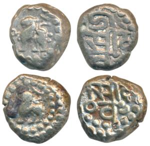 Chowhans of Ranthambhor, JaitraSimha, Silver Dramma (2), obv. lion facing to left; rev. le