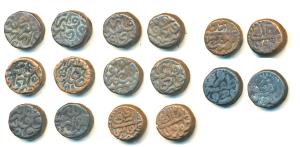 Akbar, Copper Dam (5), Dogaon Mint, AH 1003, dates in words (KM 28.18); Copper Dam (3), Ur