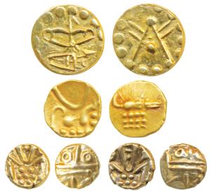 Coromandel Coast, Tuticorin Gold Fanam (2), each 0.36g, obv. degenerate Kali with a triden