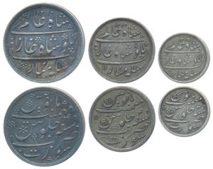 SuratMint, set of 3, Silver Rupee, ½ and ¼, in the name of Shah Alam II, AH 1215/46, plain