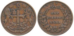 Copper ¼ Anna, 6.13g, 1857, Birmingham Mint, Wreath tips-single leaf, R. Heaton and Sons, 