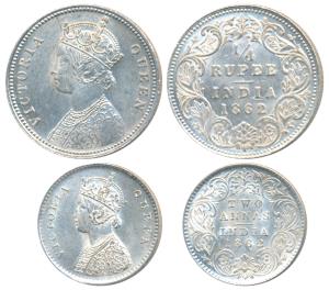 Victoria Queen, Silver ¼ Rupee, 1862, Calcutta Mint, A/I, (Prid 376); Silver 2 Annas, Bomb