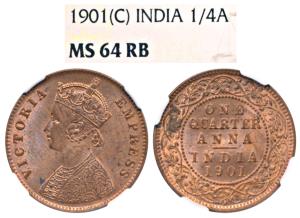 Victoria Empress, Copper ¼ Anna, 1901, Calcutta Mint. Graded by NGC MS64