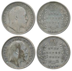 Edward VII, Silver ½ Rupee (2), 1907 & 1910. Fine. (2)