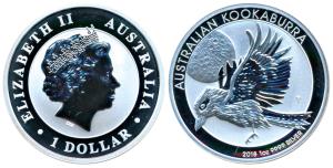 Australia, Queen Elizabeth II, Silver Dollar 1, 31.1g, 1oz, 2018, rev. Kookaburra bird. Un