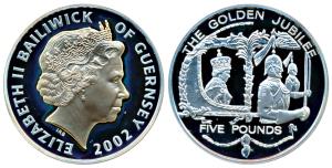 Bailiwick of Guernsey, Elizabeth II, Silver 5 Pounds, 28.28g, 2002, Queen's Golden Jubilee
