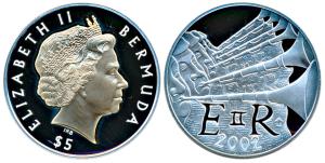 Bermuda, Elizabeth II, Silver 5 Pounds, 28.28g, 2002, Queens Golden Jubilee - Trumpeters, 