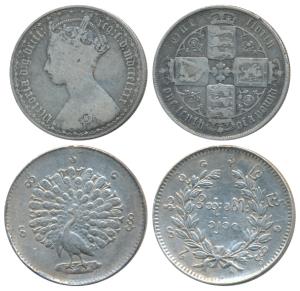 Burma, Silver Rupee; Great Britain, Silver Florin, 11.16g. Fine and Very Fine+.