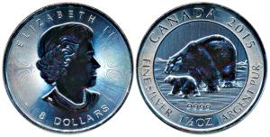 Canada, Elizabeth II, Polar bear, Silver 8 Dollars, 47.1g, 2015. Uncirculated, in plastic 