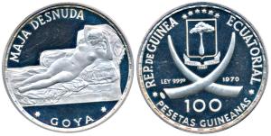 Equatorial Guinea, Silver 100 Pesetas, 20g, 1970, obv. crossed Tusks divide arms above and