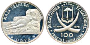 Equatorial Guinea, Silver 100 Pesetas, 20g, 1970, obv. crossed Tusks divide arms above and