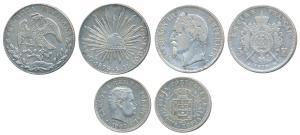 Assorted lot, France, Napoleon III, Silver 5 Francs 1870, (KM 799); Mexico, Silver 8 Reale